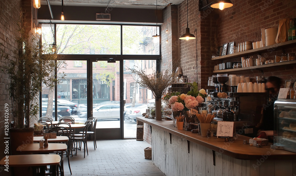 Fototapeta premium Chic Café with Exposed Brick Walls and Industrial Lighting, Creating a Trendy and Inviting Atmosphere