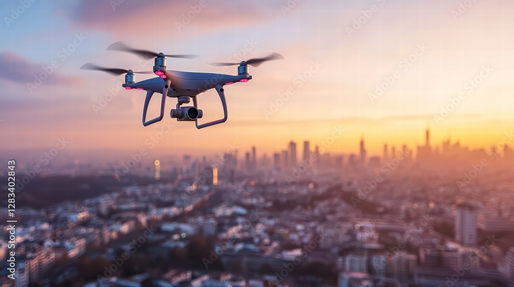 Drone over City: An aerial view showcases a drone hovering above a vibrant cityscape during the captivating moments of a sunset. Drone over City: An aerial view showcases a drone hovering above a vibrant cityscape during the captivating moments of a sunset.