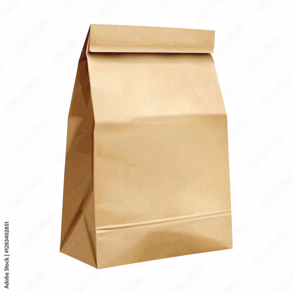 Realistic illustration of a brown paper bag with a folded top, standing upright, isolated on transparent background. Realistic illustration of a brown paper bag with a folded top, standing upright, isolated on transparent background.