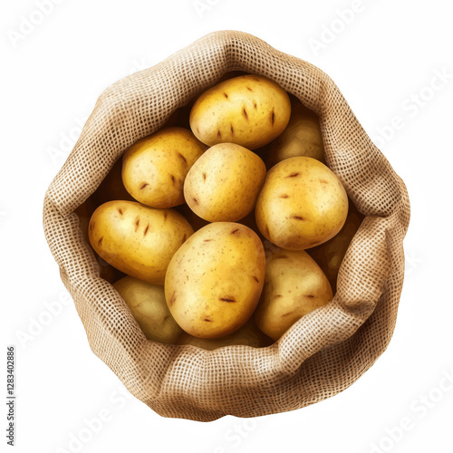 Realistic illustration of a burlap sack filled with fresh yellow potatoes, isolated on transparent background. photo