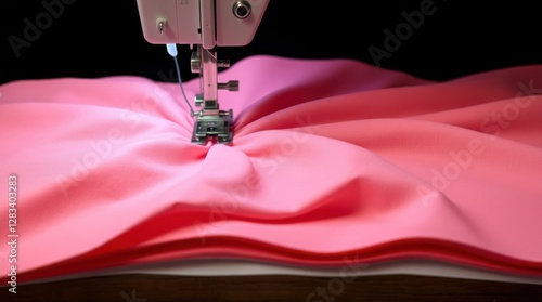 Sewing machine stitching pink fabric creating a textured and flowing design with dark backdrop. photo