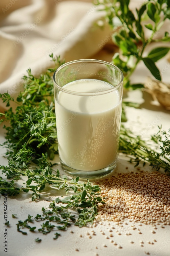 Glass of plant based milk with quinoa and thyme on table Glass of plant based milk with quinoa and thyme on table