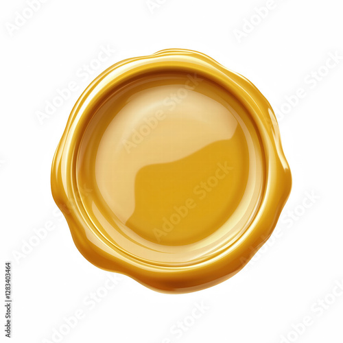 Realistic illustration of a shiny gold wax seal with smooth and slightly irregular edges, isolated on transparent background.