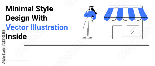 Woman in casual outfit standing next to a storefront with a blue striped awning. Ideal for small business, retail, entrepreneurship, local marketing, modern design, branding, flat landing page banner