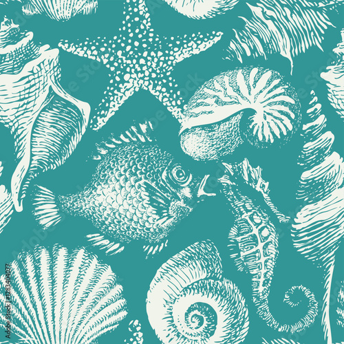 Seamless pattern with hand-drawn sea animals, fish, seahorse and seashells of various shapes on wave background. Repeating vector colors illustration in retro style. Suitable for wallpaper, textiles