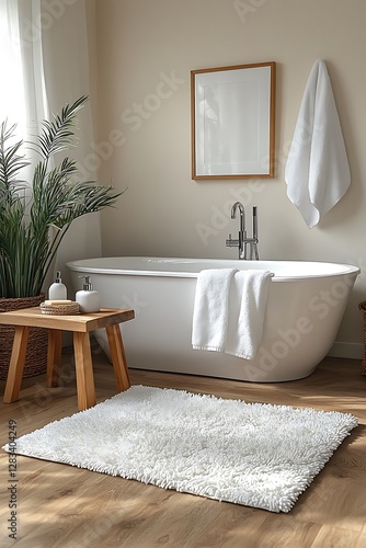 Serene Bathroom Oasis: A luxurious, inviting bathroom space with a freestanding bathtub, wooden accents, and a touch of nature, evoking a sense of calm and relaxation.
