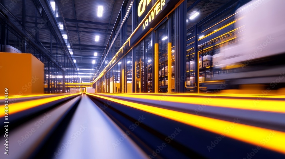 Modern warehouse interior showcasing automated transport systems with vibrant lighting effects Modern warehouse interior showcasing automated transport systems with vibrant lighting effects