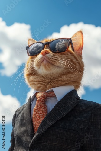 Cat wearing sunglasses in business attire standing confidently outdoors under blue sky, stylish pet fashion, humorous animal portrait, business cat.