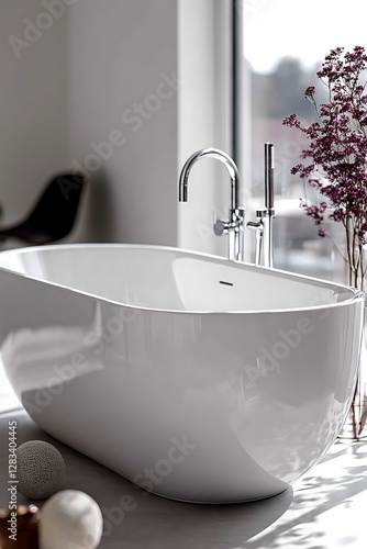Serene Bathing Space: a modern, pristine bathtub situated in a light-filled bathroom, complemented by subtle décor and natural elements. Creating a sense of luxury and relaxation.