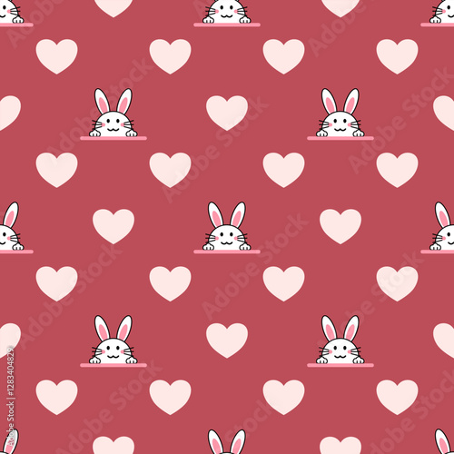 Seamless pattern with cute Easter rabbits and hearts, ideal for kids' textile design, wrapping paper, surface patterns, Easter greeting cards, banners, backgrounds, and fabric and valentine crad.