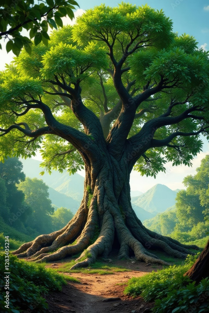 Fototapeta premium Ancient tree with sprawling roots and dense foliage, giant, canopies, majestic