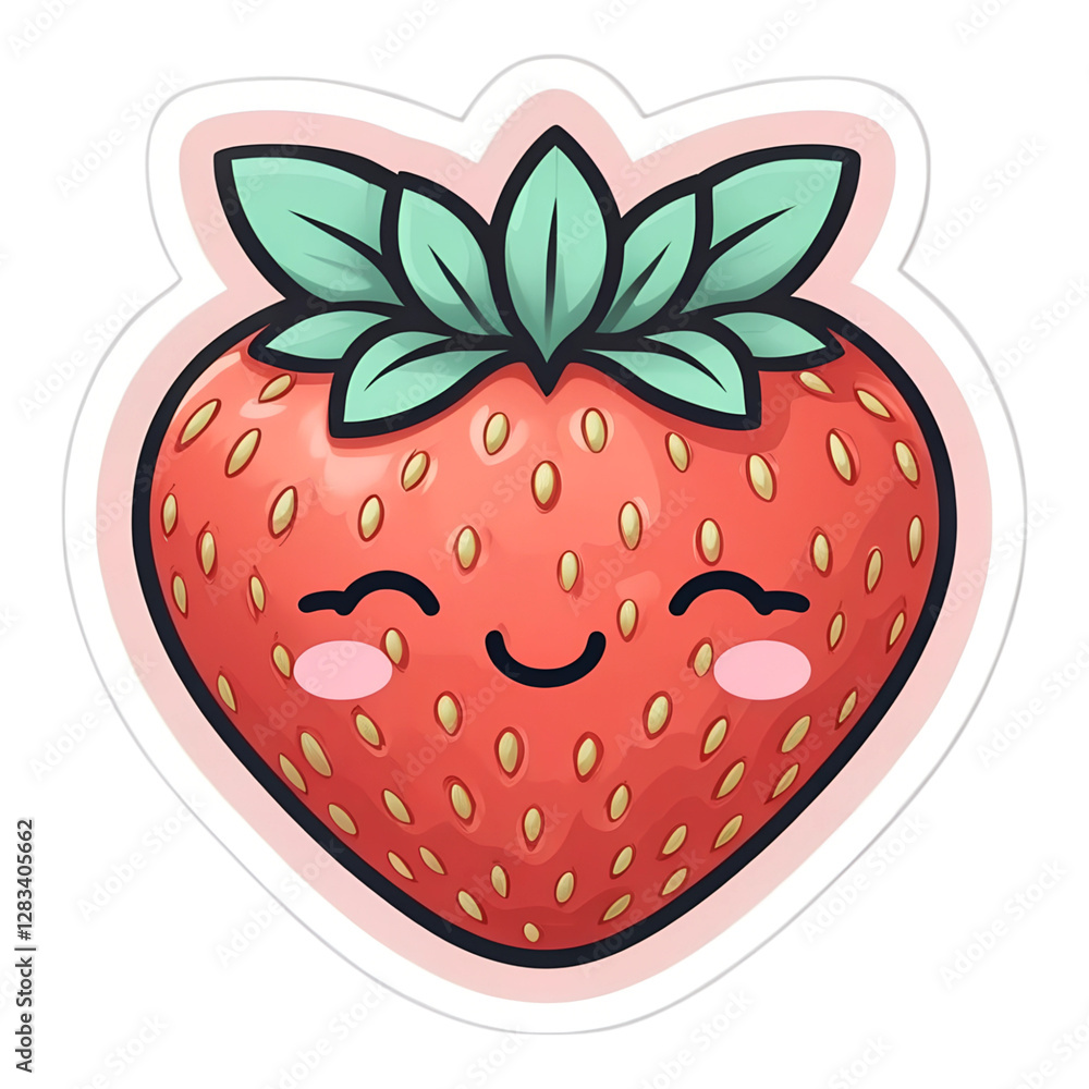 Obraz premium Cute Smiling Strawberry Cartoon Sticker Kawaii Fruit Food Illustration Art