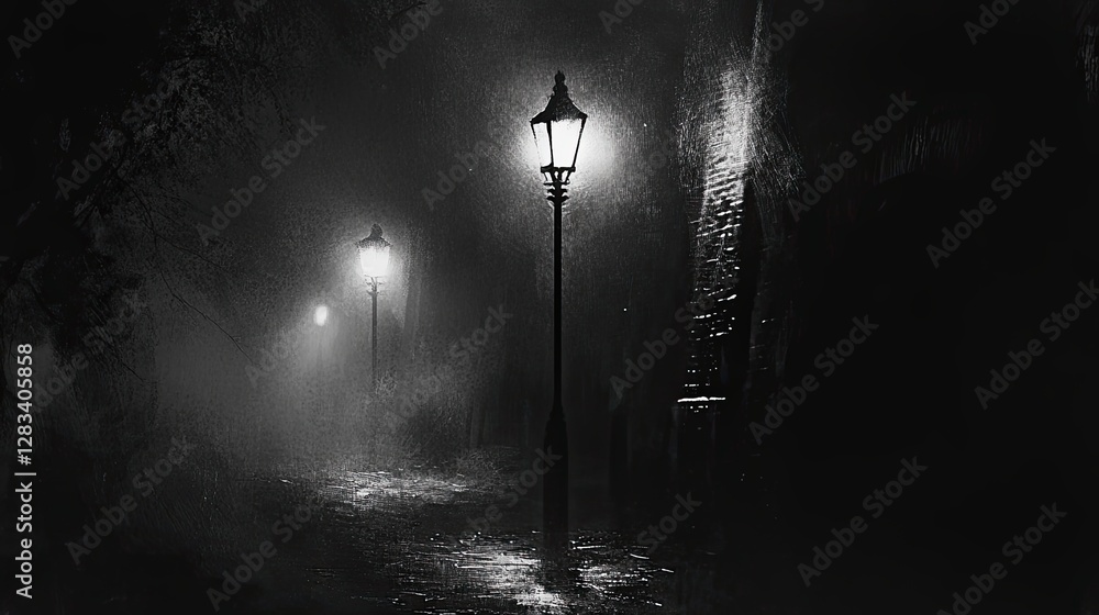 Naklejka premium stumbling down a dark street with a few lights