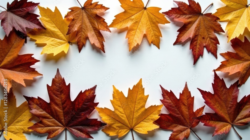 Fototapeta premium Autumnal Foliage Arranged in a Decorative Frame Featuring Vibrant Hues of Red, Orange, and Yellow