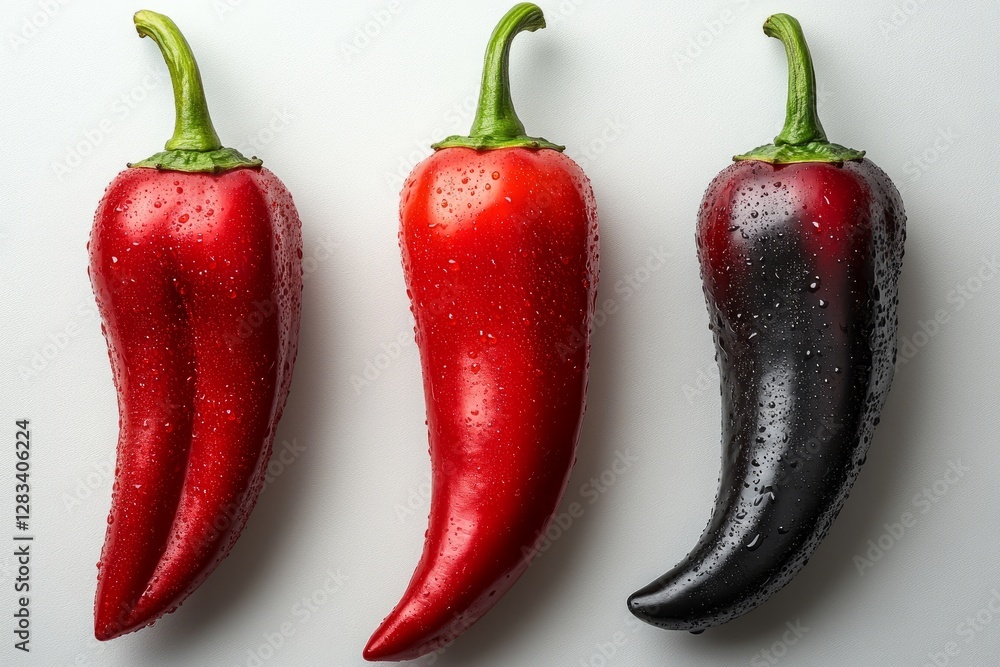 Fresh red and black chili peppers arranged in a row for culinary use and decoration Fresh red and black chili peppers arranged in a row for culinary use and decoration