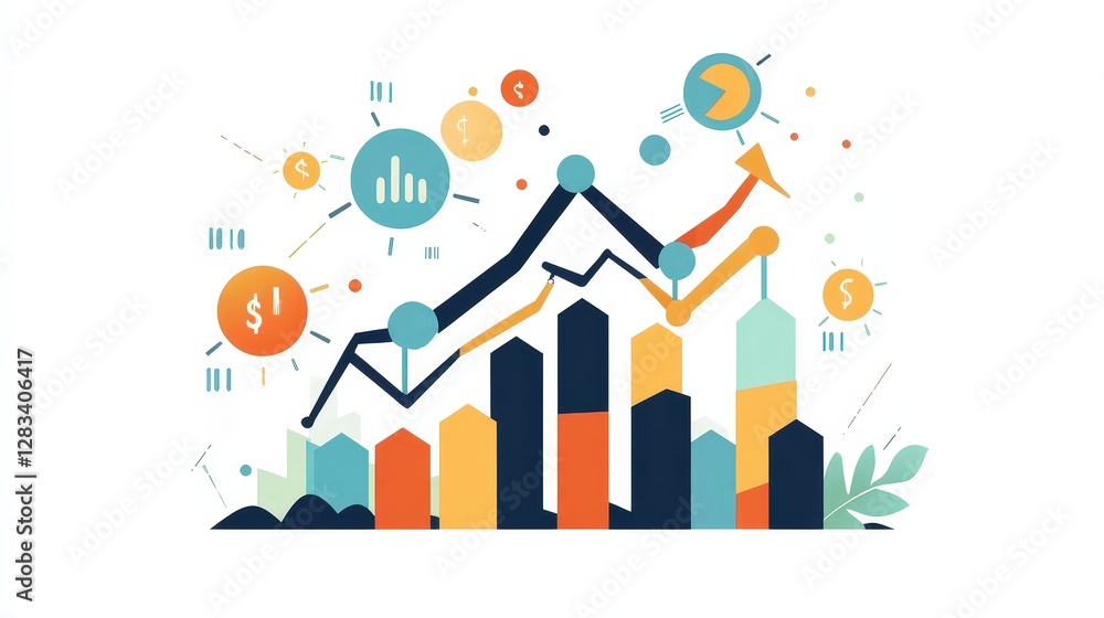 Obraz premium A successful company with a flourishing stock price, with visual representations of rising market trends and profitability in the background.