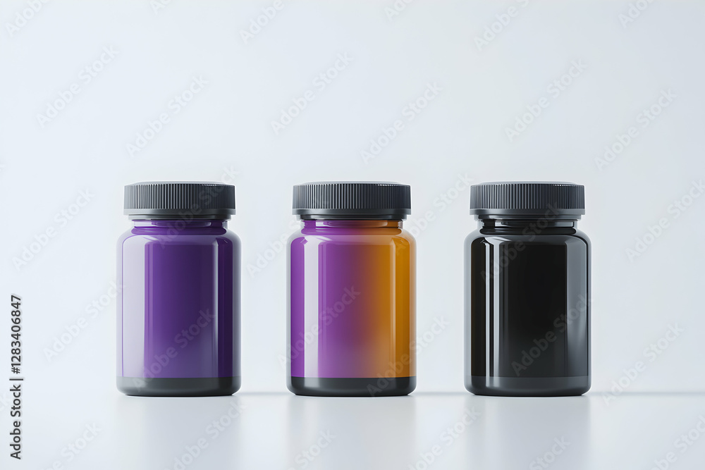 Three Colorful Supplement Bottles Arranged in a Row, Exhibiting Various Shades and Appealing Designs. Health, Wellness, and Packaging Concepts. Three Colorful Supplement Bottles Arranged in a Row, Exhibiting Various Shades and Appealing Designs. Health, Wellness, and Packaging Concepts.