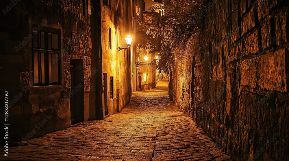 Obraz premium stumbling down a dark street with a few lights