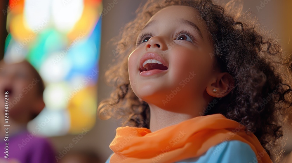 Child singing joyfully in a classroom with colorful stained glass, expressing happiness and creativity, engaging in music education and learning. Child singing joyfully in a classroom with colorful stained glass, expressing happiness and creativity, engaging in music education and learning.