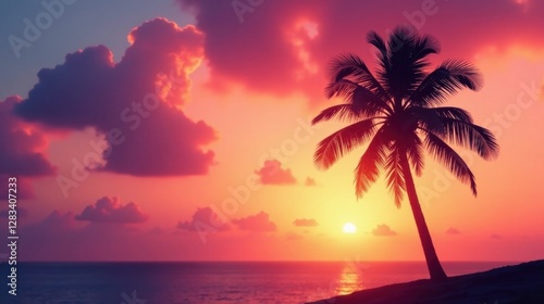 Serene Sunset Silhouette A Single Palm Tree Stands Tall Against a Vibrant Sky, Ocean Waves Gently Lap the Shore at Dusk