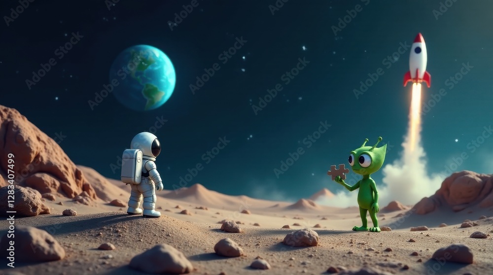 Obraz premium Extraterrestrial Encounter Astronaut and Alien Collaborate on a Planetary Puzzle, Witnessing a Rocket Launch in the Vastness of Space
