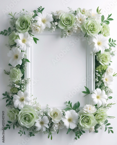 Soft Green and White Flowers Framing White Tray with Botanical Accents for a Beautiful and Harmonious Home Decoration for Copyspace and Text Background