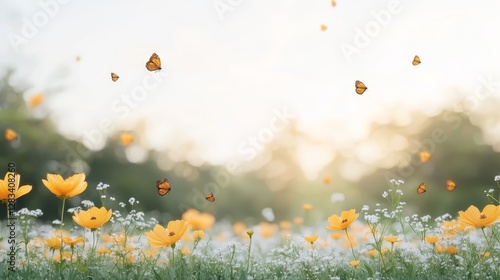 Vibrant Field of Yellow Flowers with Fluttering Butterflies at Sunset