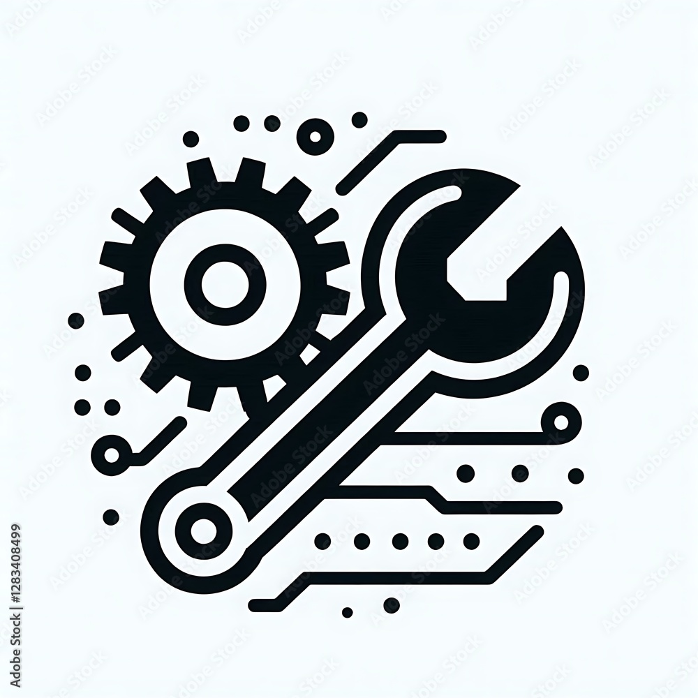 Fototapeta premium A black and white icon of a wrench and a gear, symbolizing tools and machinery, with circuit-like lines and dots around them, representing technology and engineering.