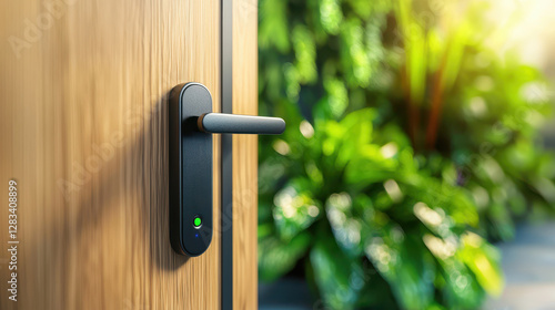 Smart home security with smart locks on house door. Smart door lock on a wooden door with greenery in the background, showcasing modern security and aesthetics.