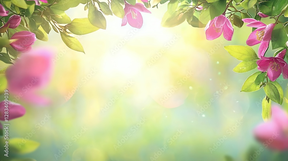 Pink Spring Blossoms and Green Leaves Bright Sunlight Soft Focus Background Pink Spring Blossoms and Green Leaves Bright Sunlight Soft Focus Background
