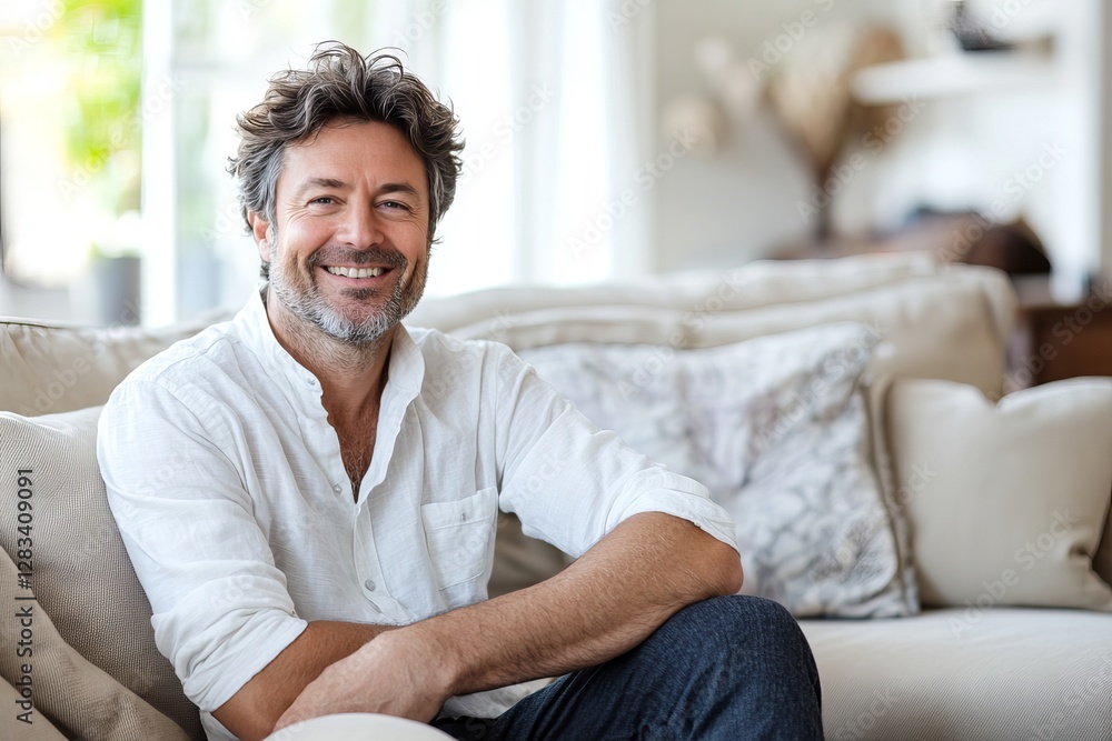 Smiling Mature Man Relaxed on Comfortable Sofa in Bright Living Room Happy Casual Lifestyle Portrait of Middle Aged Man at Home male calm gray hair Smiling Mature Man Relaxed on Comfortable Sofa in Bright Living Room Happy Casual Lifestyle Portrait of Middle Aged Man at Home male calm gray hair
