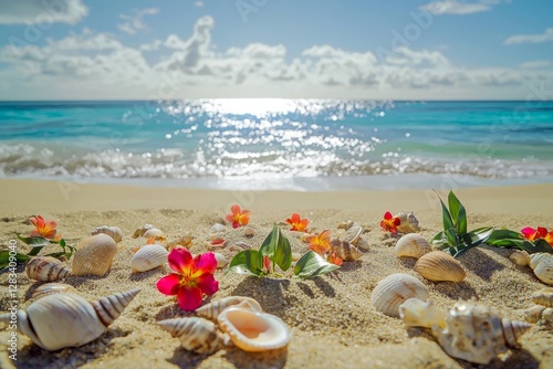 Beauty of a tropical beach with colorful flowers and seashells under a bright sky
