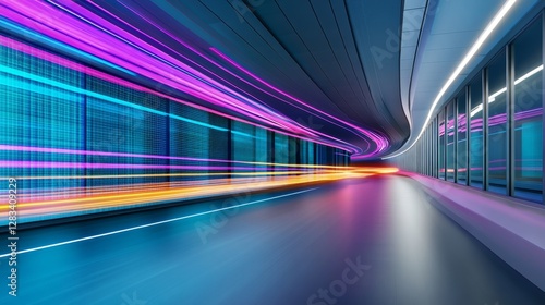 Futuristic corridor with vibrant light trails showcasing motion and modern architecture photo