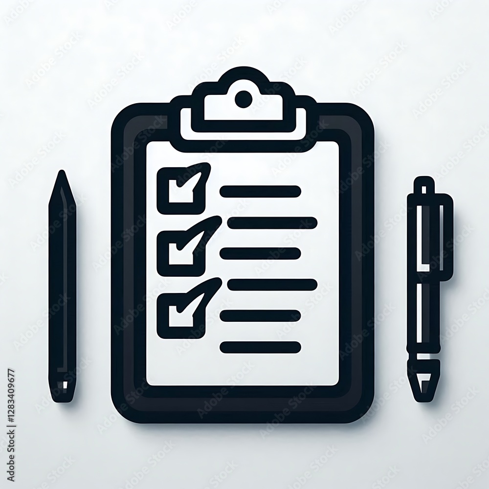 A minimalistic black lined icon of a clipboard with checkmarks, representing a completed checklist or task management, flanked by a pen and a pencil, suggesting documentation and writing