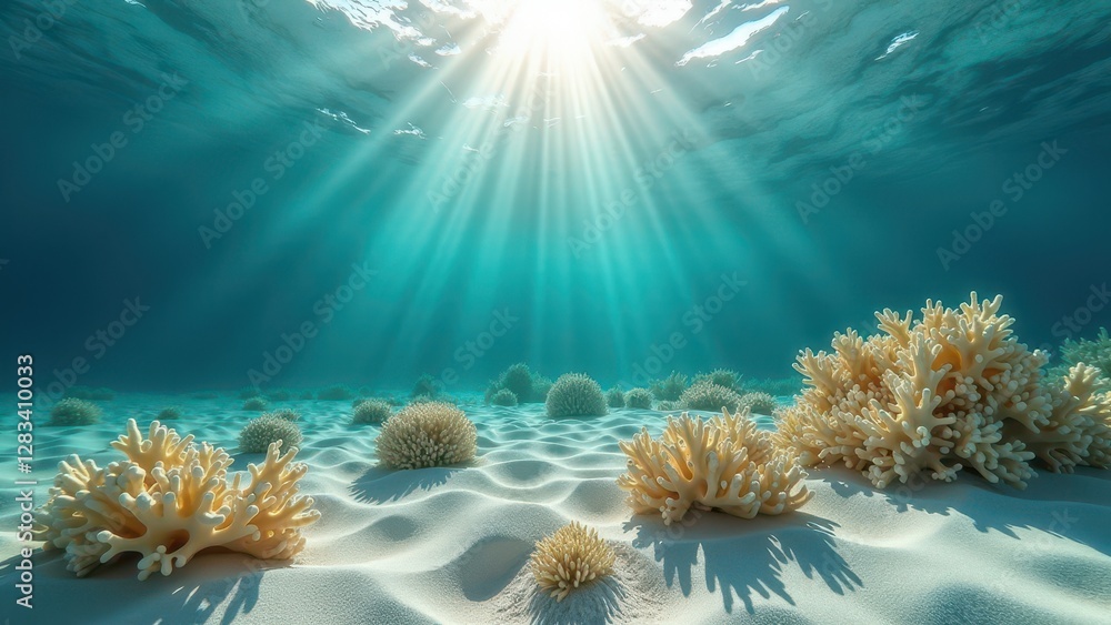 Naklejka premium Sunlit underwater view of a coral reef affected by bleaching with damaged coral on the sandy seabed 
