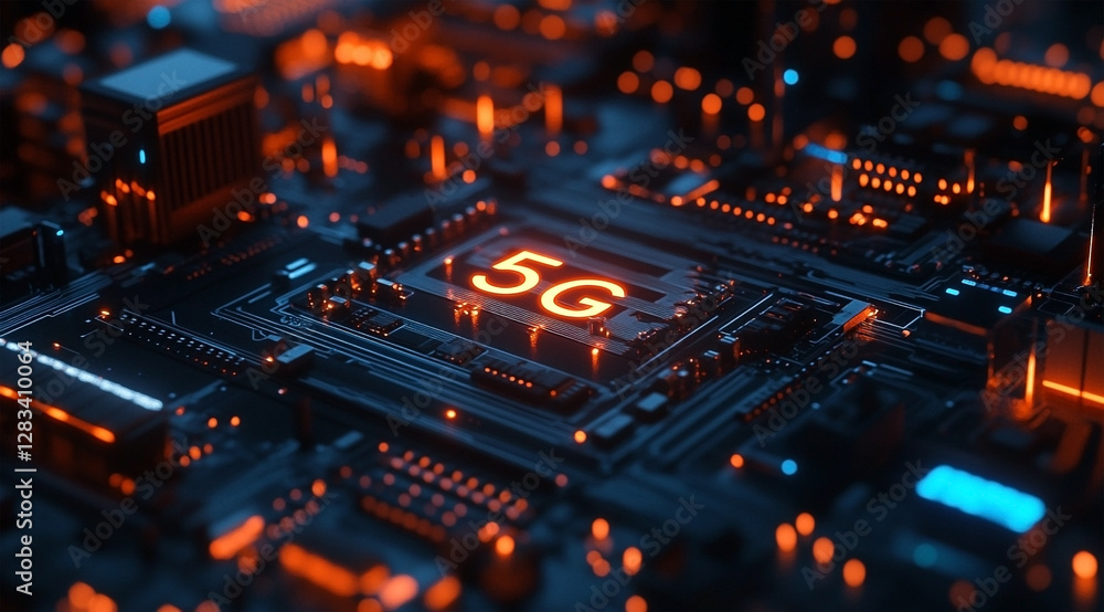 Illuminated 5G Text on Advanced Circuit Board Design with Modern Aesthetic Illuminated 5G Text on Advanced Circuit Board Design with Modern Aesthetic