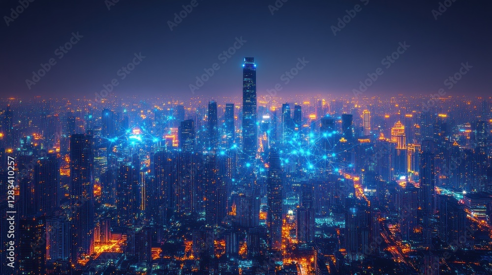 Fototapeta premium Night cityscape panorama of glowing skyscrapers