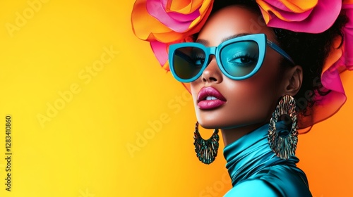 Wallpaper Mural Woman wearing a blue and pink flower hat and sunglasses. She is wearing a blue dress and has her hair in a bun Torontodigital.ca