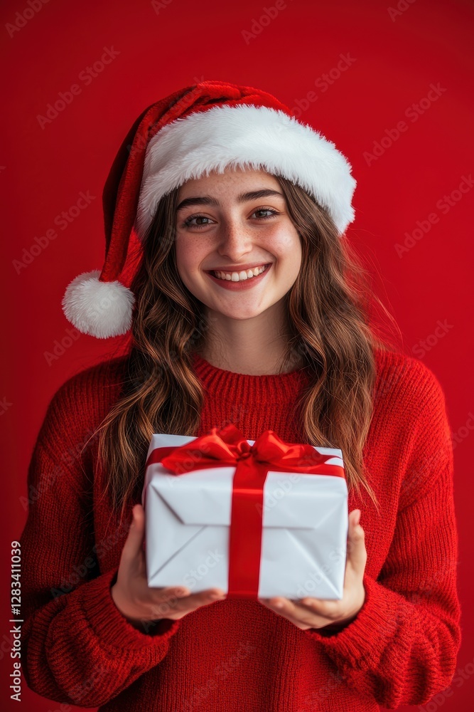 Smiling woman in Santa hat holding Christmas gift in hands against red background, festive celebration, holiday spirit, joy, winter season, giving. Smiling woman in Santa hat holding Christmas gift in hands against red background, festive celebration, holiday spirit, joy, winter season, giving.