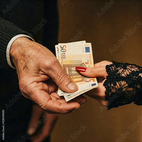 Uomo che paga una donna, consegnando delle banconote photo