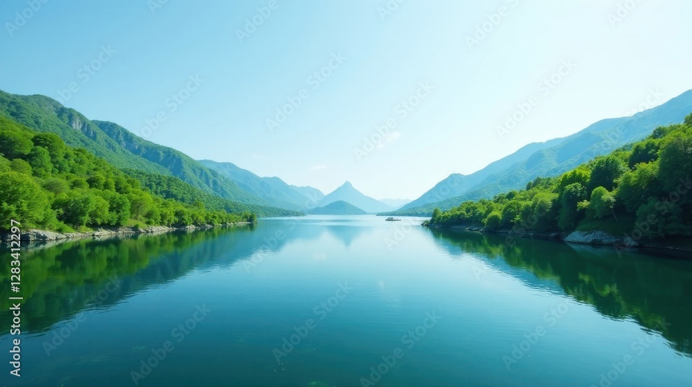 Fototapeta premium Serene Mountain Lake Landscape Tranquil Waters Reflecting Lush Green Hills Under a Clear Sky