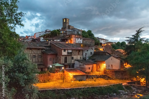 Beatiful riverside Jewish Quarter of Hervás at night, an Ambroz Valley village at Caceres, Extremadura, Spain. The town of Hervas is famous for its Jewish quarter, one of the best preserved in Spain.
