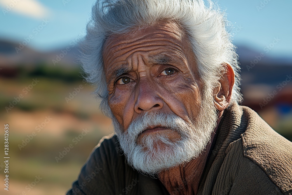Man with a beard and gray hair is looking at the camera. He is wearing a brown sweater and he is sad Man with a beard and gray hair is looking at the camera. He is wearing a brown sweater and he is sad