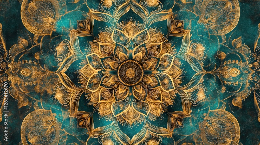 Naklejka premium A symmetrical mandala pattern with intricate detailing in gold and teal, evoking spirituality and harmony, perfect for meditation spaces or artistic designs.