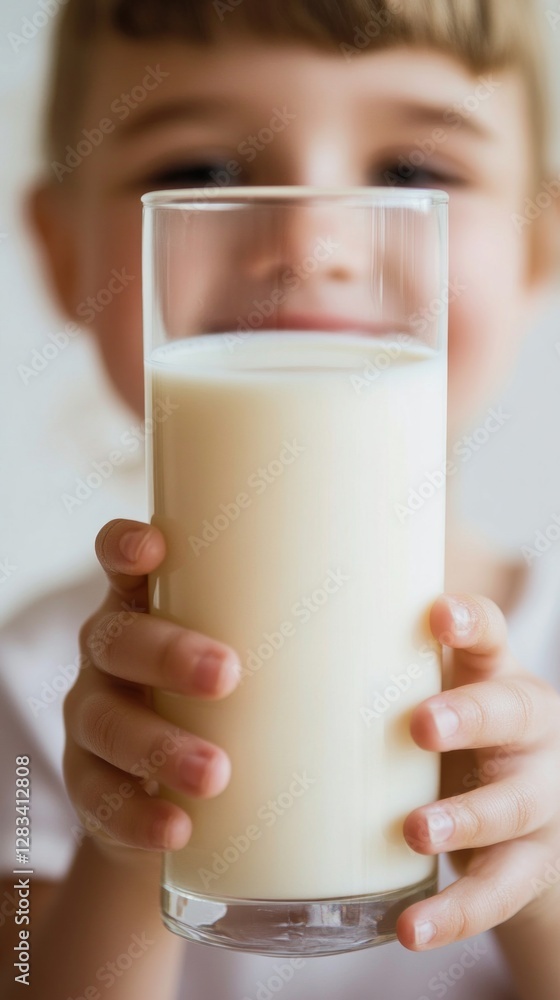 Child holding glass of milk, promoting healthy eating habits for kids Child holding glass of milk, promoting healthy eating habits for kids