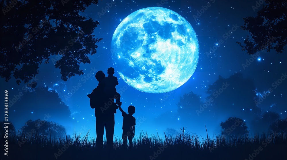 Silhouette Family Watching Majestic Blue Moon Night Sky Stars art sons dark card love bond hope Silhouette Family Watching Majestic Blue Moon Night Sky Stars art sons dark card love bond hope