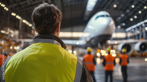 Wallpaper Mural Construction workers monitoring airplane maintenance in hangar with safety vests discussing project plans and teamwork for aviation industry success. Torontodigital.ca