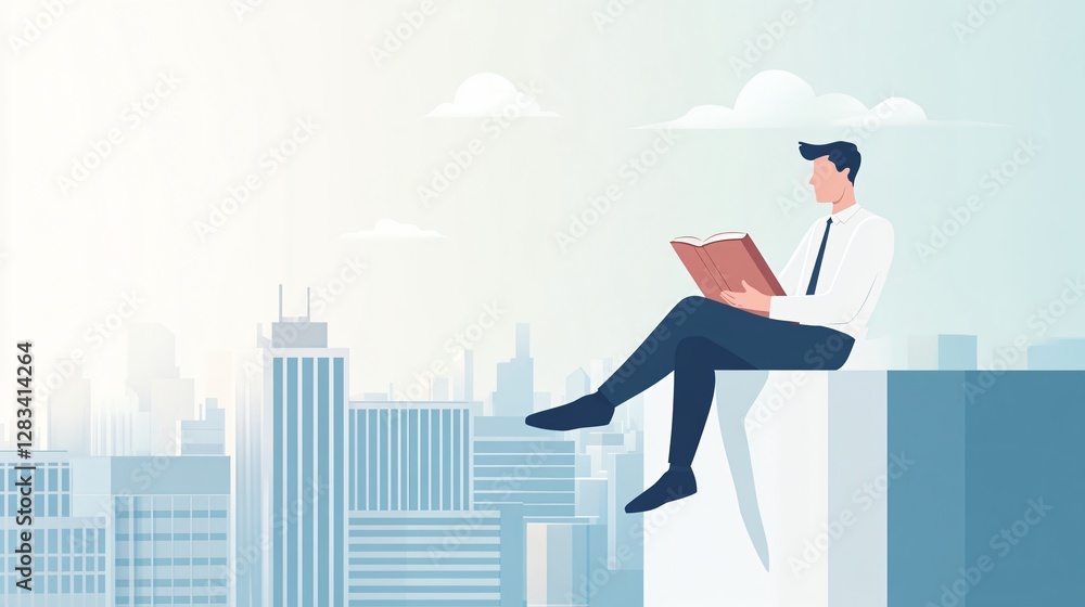 Young Businessman Studying on Skyscraper Rooftop Young Businessman Studying on Skyscraper Rooftop