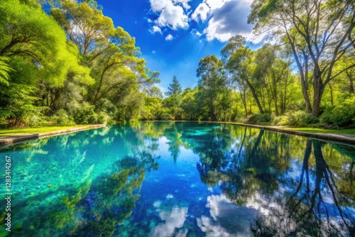 A small pool of cyan liquid reflecting the blue sky on a sunny day with surrounding trees and foliage, leafy surroundings, cyan pool