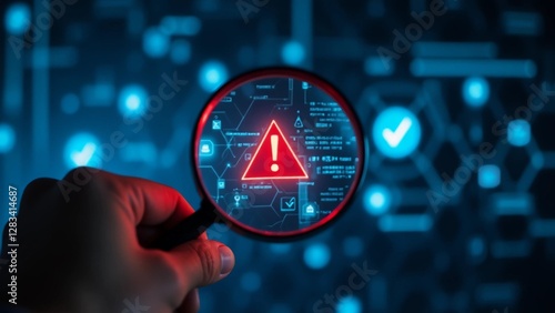System engineer identifying problem in computer network system. Red triangle with exclamation mark and many other checkmark icons. Hand holding magnifying glass.